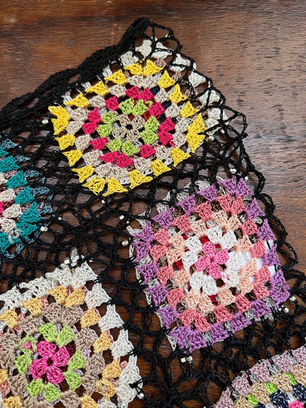Handmade Crotchet Poncho Shawl Granny Square Fringe Multicolor/Black Beaded OS - Picture 4 of 12